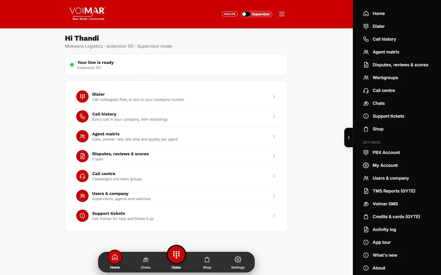 Voimar Call Centre & Dialer - Home, in Supervisor mode