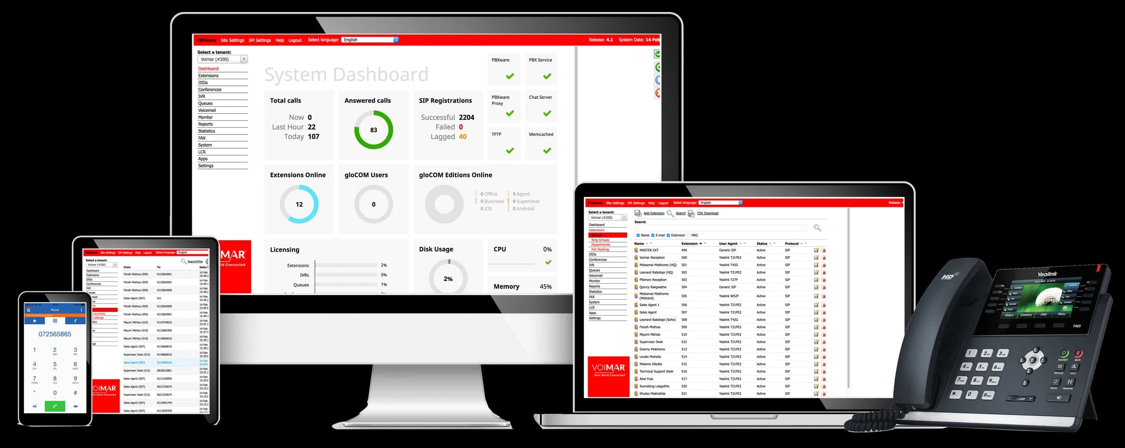 vKOM-PBX admin dashboard shown across desktop, laptop, tablet, mobile and an IP deskphone